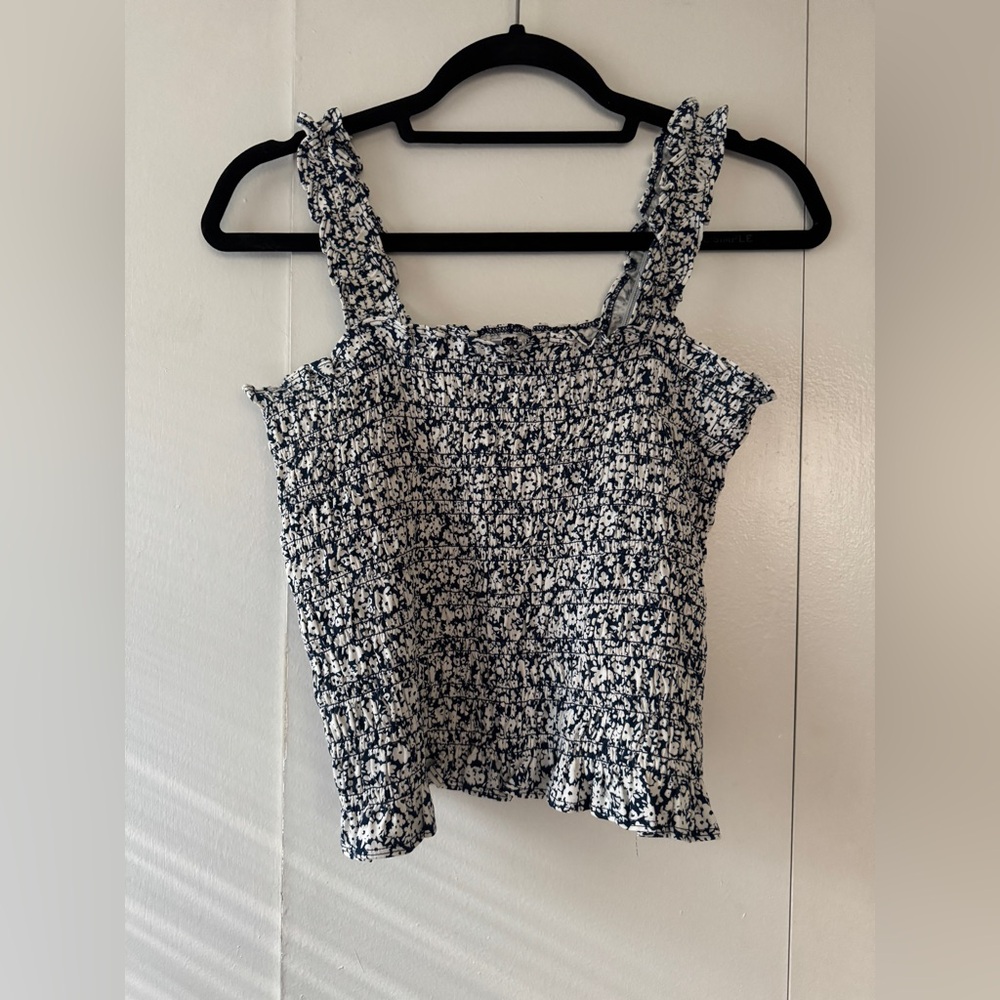 Old Navy White and Blue Smocked Ruffled Tank Top